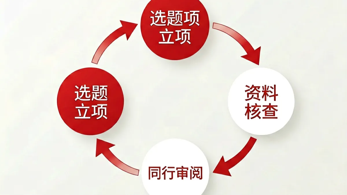 爱爱网内容审核流程示意图，展示选题立项、资料核查、同行审阅三个环节的循环箭头图示