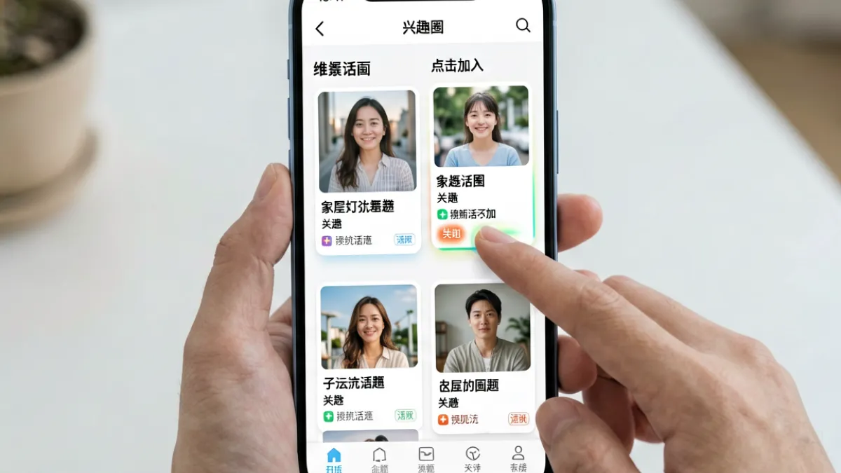 爱爱网兴趣圈子功能界面展示，用户正在浏览话题标签列表并选择加入圈子